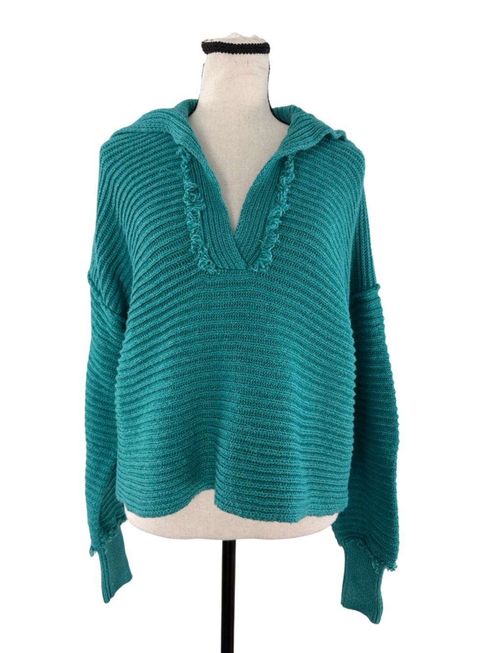 Free People Marlie Ribbed Sweater XS Teal V Neck Oversized Slouchy Pullover Boho